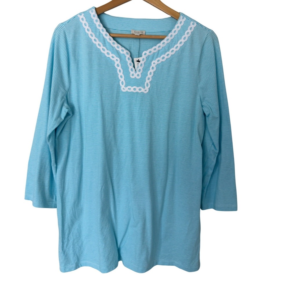 Talbots Womens Blue White Striped Crochet Trim Split Neck Top Medium NEW